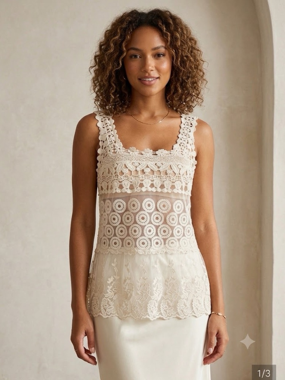 Crochet + Lace in Ivory Elegant Sheer Sleeveless Top
